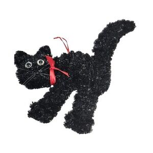 Vintage Black Cat Tinsel Hanging Halloween Decoration Cute Cat Whiskers Red Bow